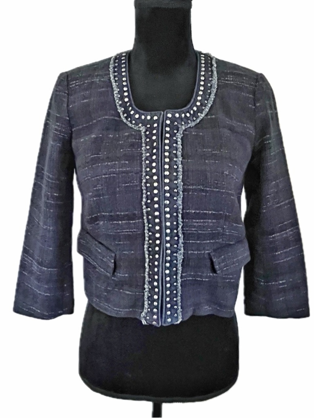 Ann Taylor LOFT Navy Tweed Studded Embellished Fringe Crop Blazer Jacket Size 6